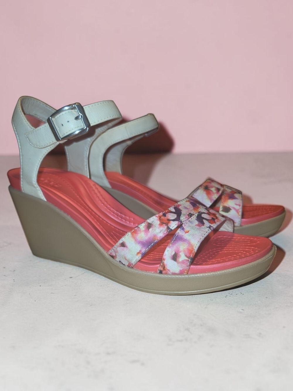 CROCS Coral Florsl Footbed Wedges with Beige Ankle Strap